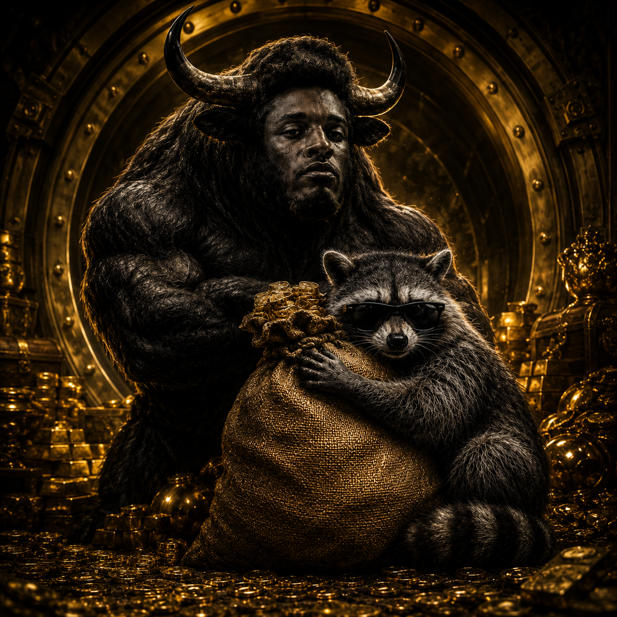 Ansem and Jimothy guarding a vault filled with gold stacks